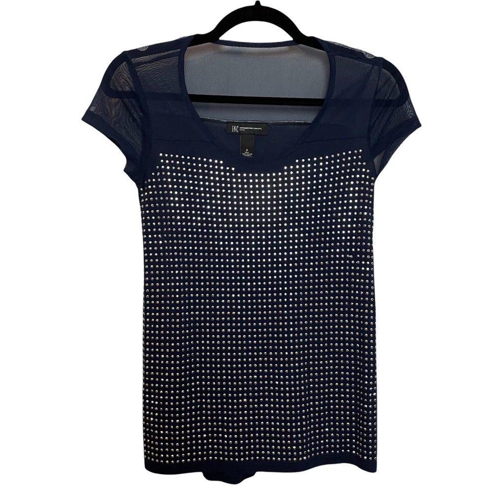 INC Petite Navy Blue Rhinestone Embellished Cap Sleeve Top Sz. Petite